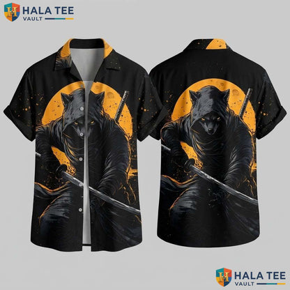 Edgy Wolf Graphic Hawaiian Shirt Fierce Sword Orange Background Button Up