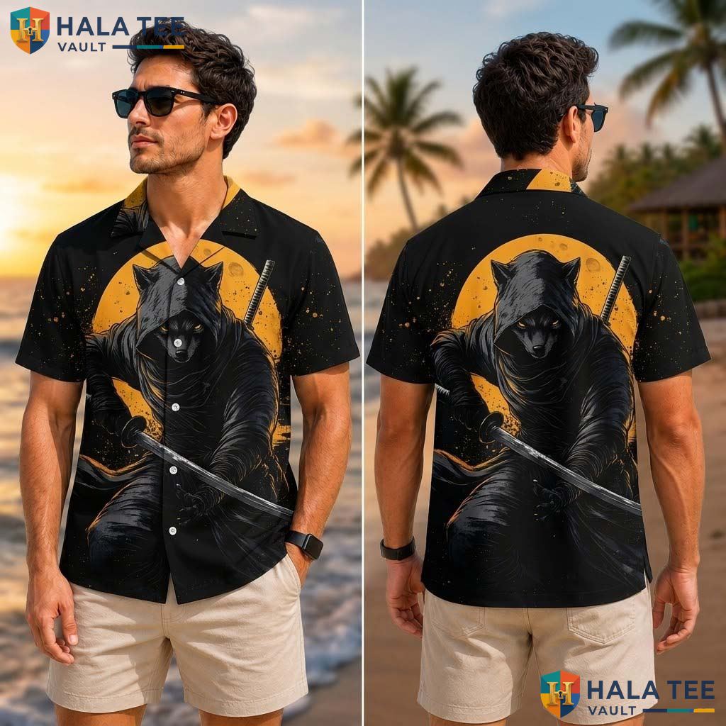 Edgy Wolf Graphic Tropical Shirt Fierce Sword Orange Background Button Up