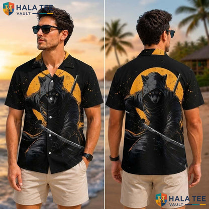 Edgy Wolf Graphic Tropical Shirt Fierce Sword Orange Background Button Up