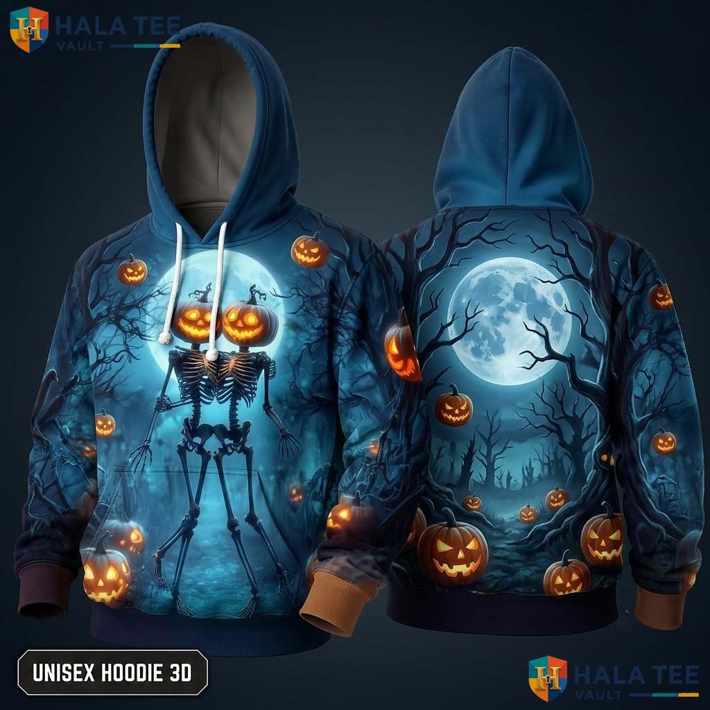 Eerie Blue Skeleton Pumpkin 3D Hoodie Spooky Graphic Halloween Apparel