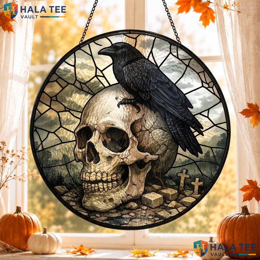 Eerie Crow Skull Halloween Stained Glass Suncatcher Gothic Horror Wall Accent