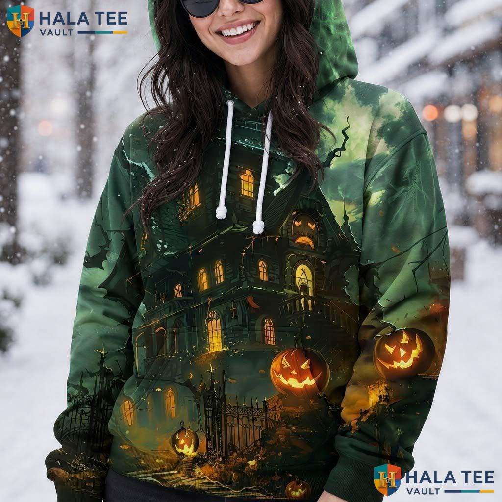 Eerie Green Castle Pumpkin 3D Printed Hoodie Spooky Moon Graphic Halloween Top