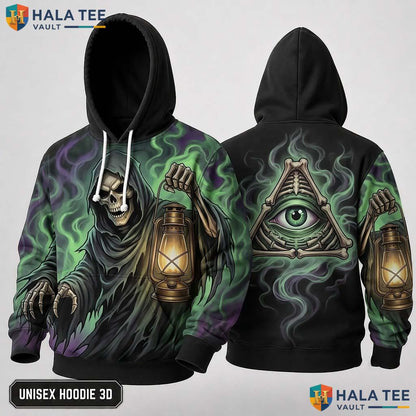 Eerie Lantern Grim Reaper 3D Hoodie Retro Gothic Eye Symbol Streetwear