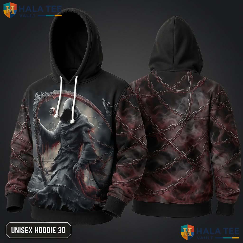 Eerie Motif Skull Reaper 3D Hoodie Vintage Dark Gothic Fashion Apparel