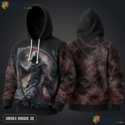 Eerie Motif Skull Reaper 3D Hoodie Vintage Dark Gothic Fashion Apparel