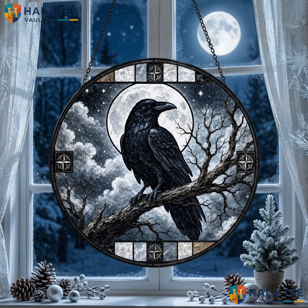 Eerie Raven Halloween Stained Glass Suncatcher Spooky Moonlit Decor Hanging
