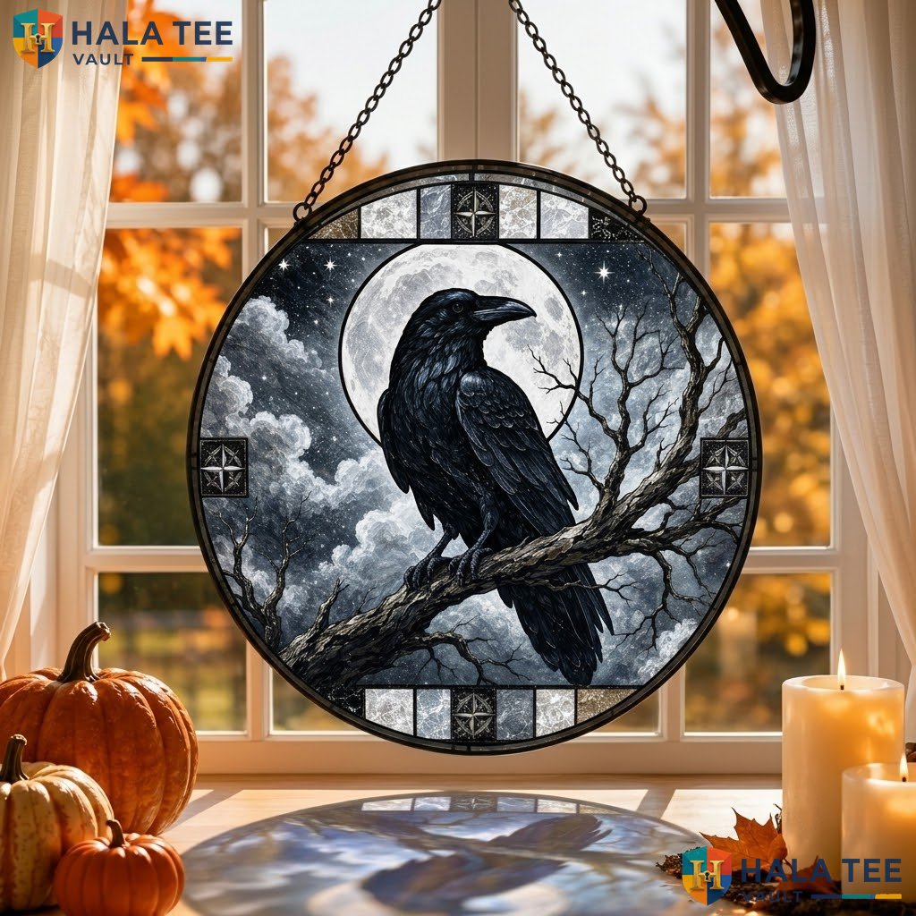 Eerie Raven Halloween Stained Glass Suncatcher Spooky Moonlit Decor Hanging Adult