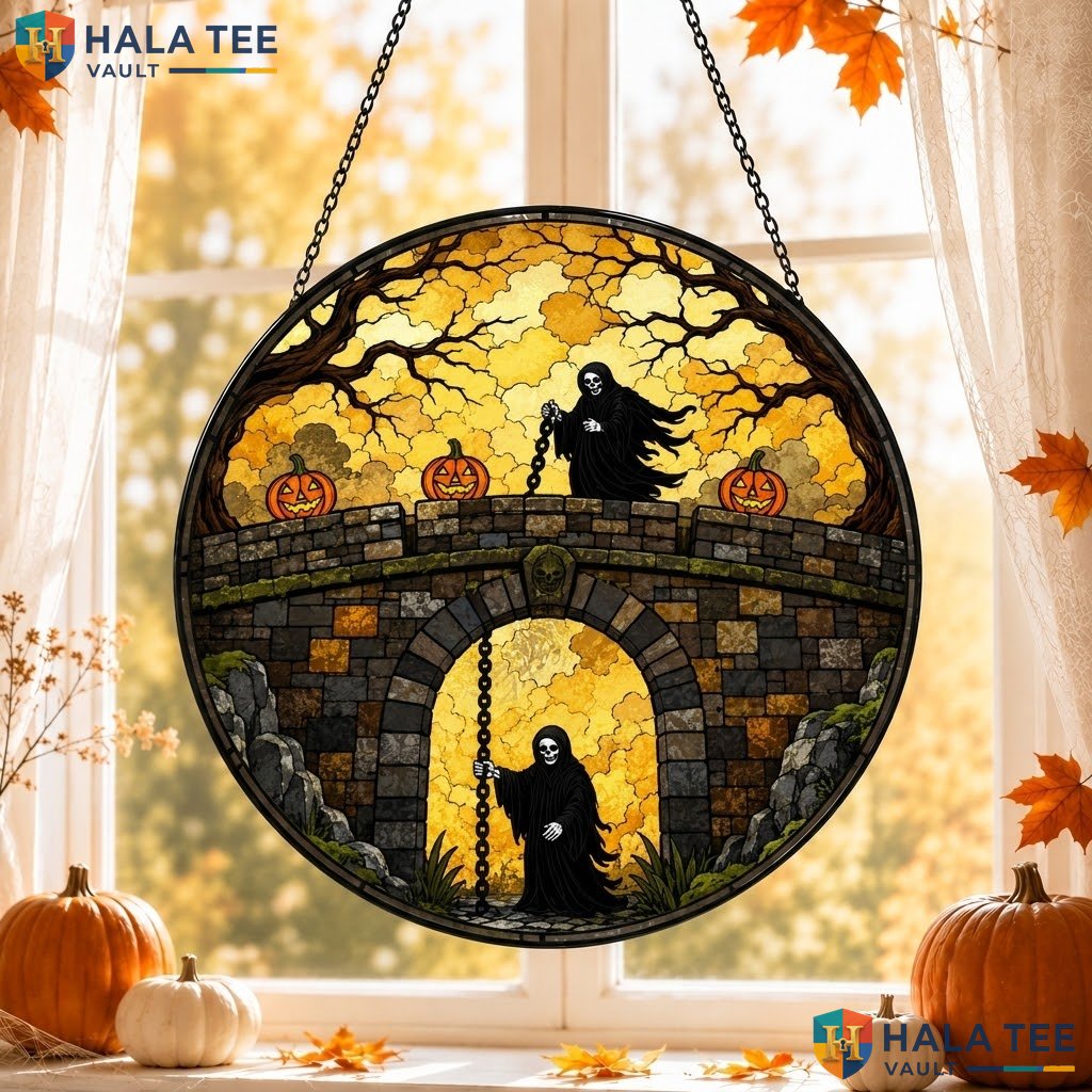 Eerie Reaper Halloween Stained Glass Suncatcher Gothic Pumpkin Bridge Window