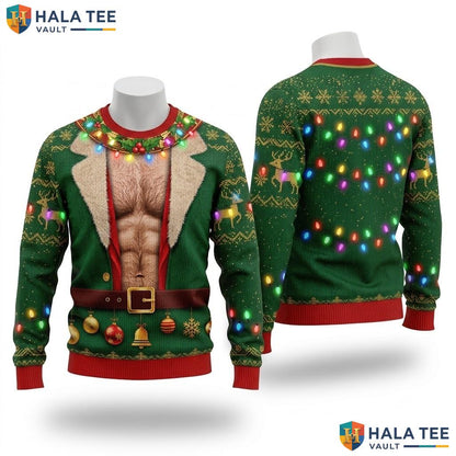 Elf Printed Abs Hairy Christmas Sweater Funny Gag Gift Xmas Mens Top