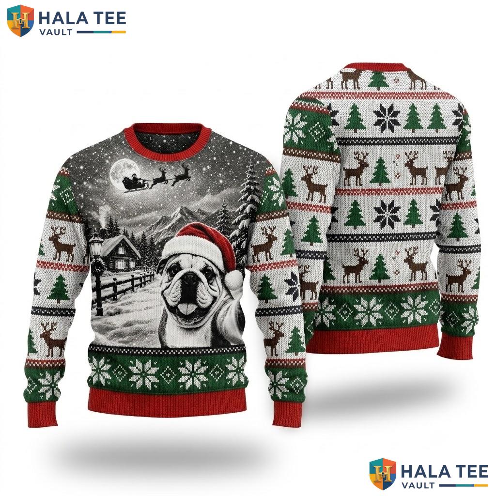 English Bulldog Santa Sleigh Christmas Sweater Moon Night Outfit