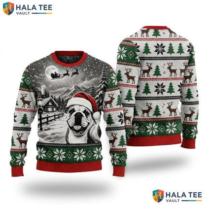 English Bulldog Santa Sleigh Christmas Sweater Moon Night Outfit