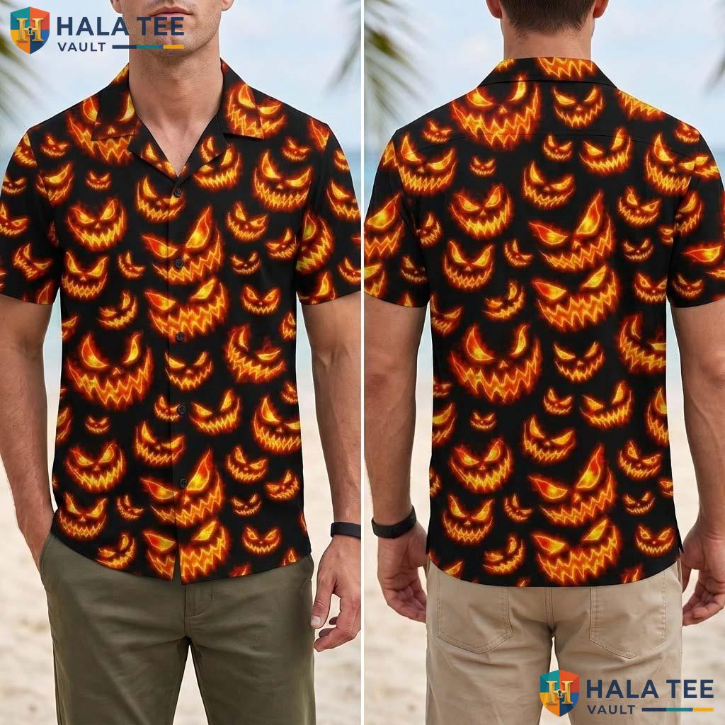 Evil Pumpkin Halloween Hawaiian Shirt Scary Burning Fire Aloha Top Adult