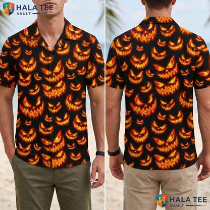 Evil Pumpkin Halloween Hawaiian Shirt Scary Burning Fire Aloha Top Adult