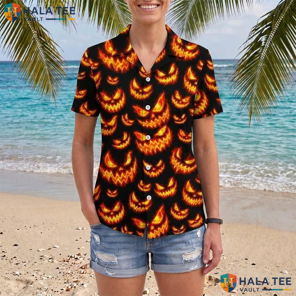Evil Pumpkin Halloween Hawaiian Shirt Scary Burning Fire Aloha Top Adult