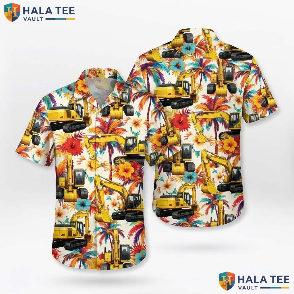 Excavator Graphic Farm Life Hawaiian Shirt Mens Aloha Vacation Apparel
