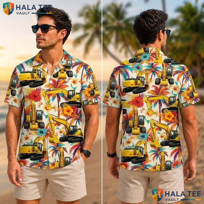 Excavator Graphic Farm Life Tropical Shirt Mens Aloha Vacation Apparel