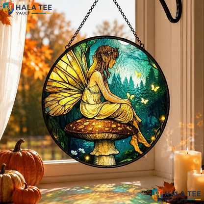 Fairy Mushroom Crow Stained Glass Suncatcher Mystical Room Hanging Art Adult