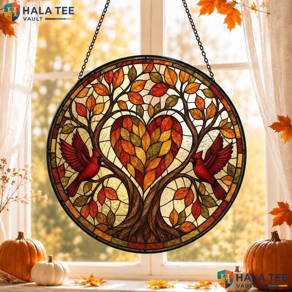 Fall Cardinals Halloween Stained Glass Suncatcher Autumn Leaves Window Decor