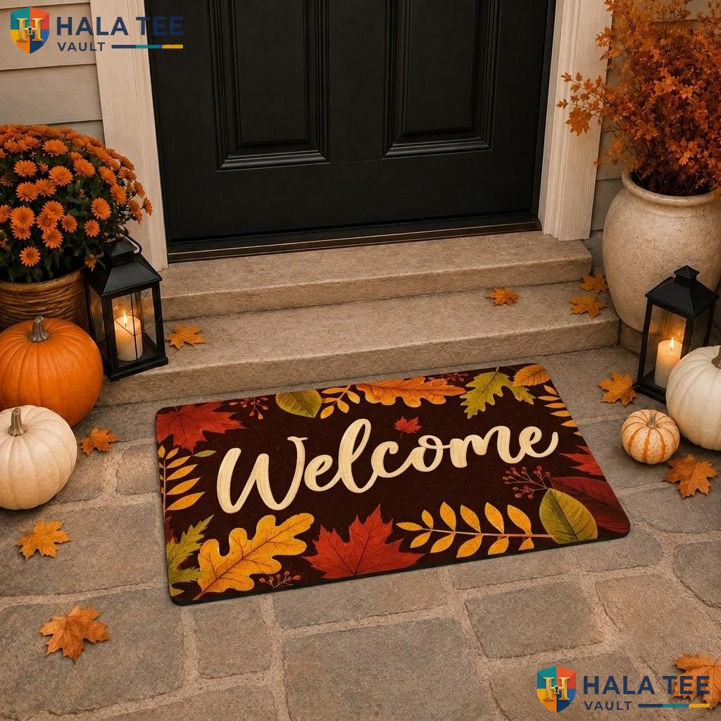 Fall Leaves Halloween Doormat Happy Jack O Lantern Spooky Witches Hat Rug