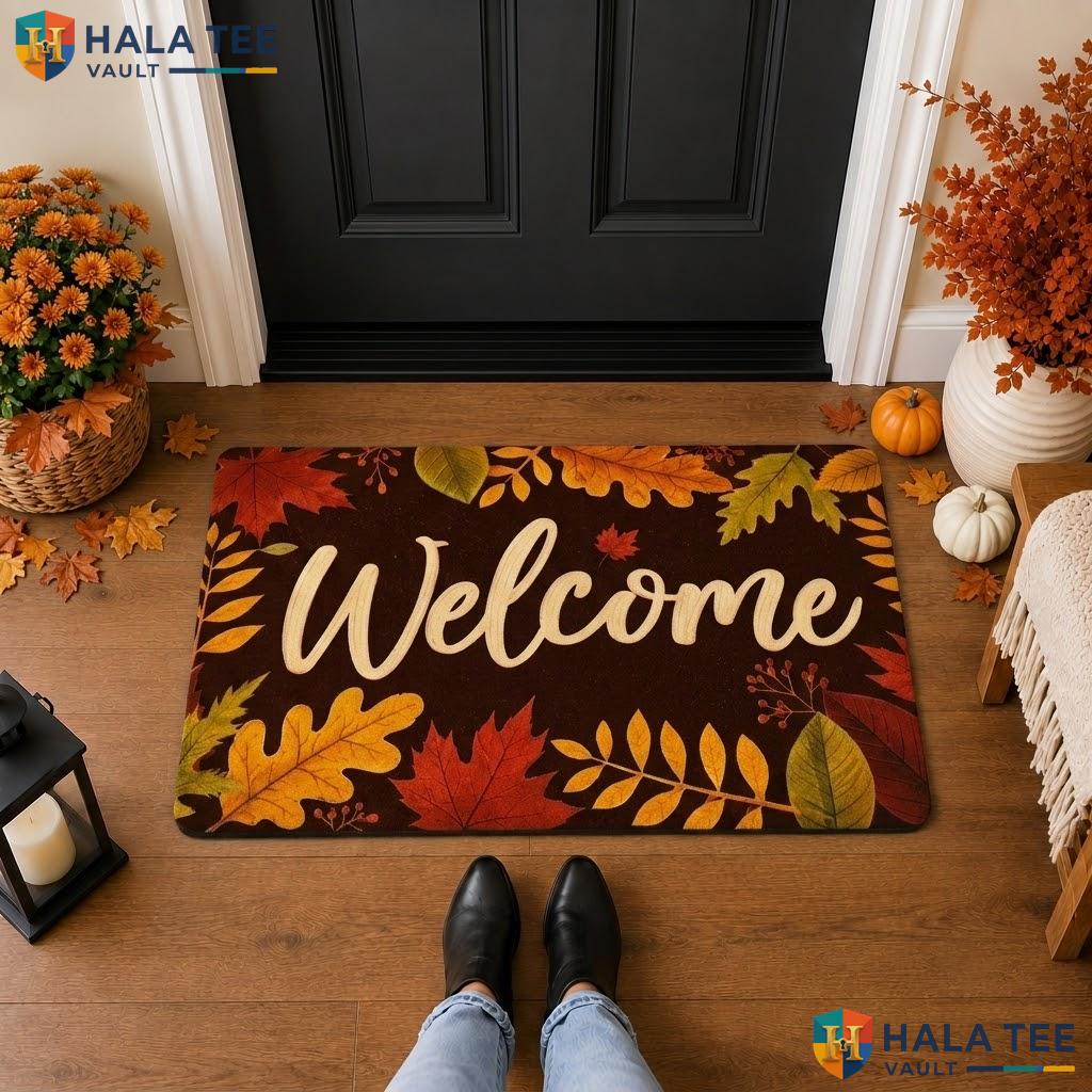 Fall Leaves Halloween Front door mat Happy Jack O Lantern Spooky Witches Hat Rug