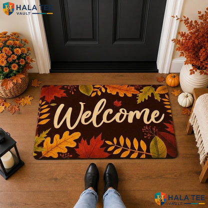 Fall Leaves Halloween Front door mat Happy Jack O Lantern Spooky Witches Hat Rug