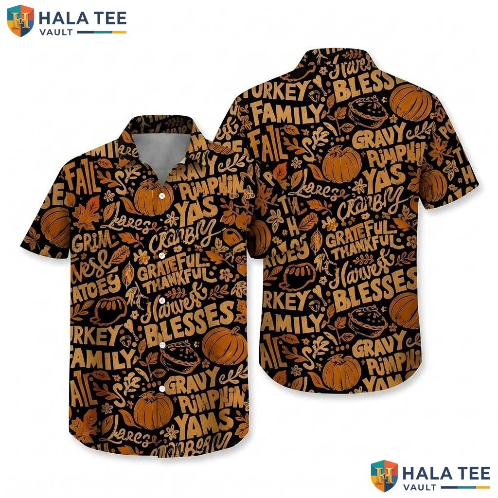 Fall Pumpkin Print Thanksgiving Hawaiian Shirt Mens Button Up Apparel
