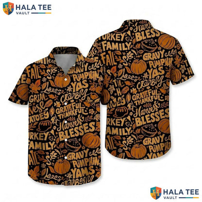 Fall Pumpkin Print Thanksgiving Hawaiian Shirt Mens Button Up Apparel