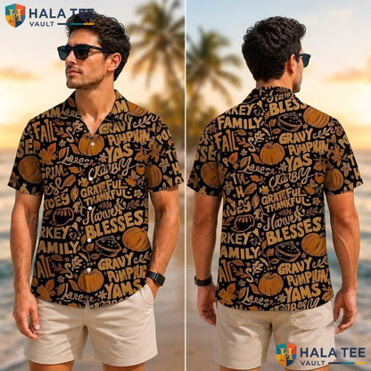Fall Pumpkin Print Thanksgiving Tropical Shirt Mens Button Up Apparel