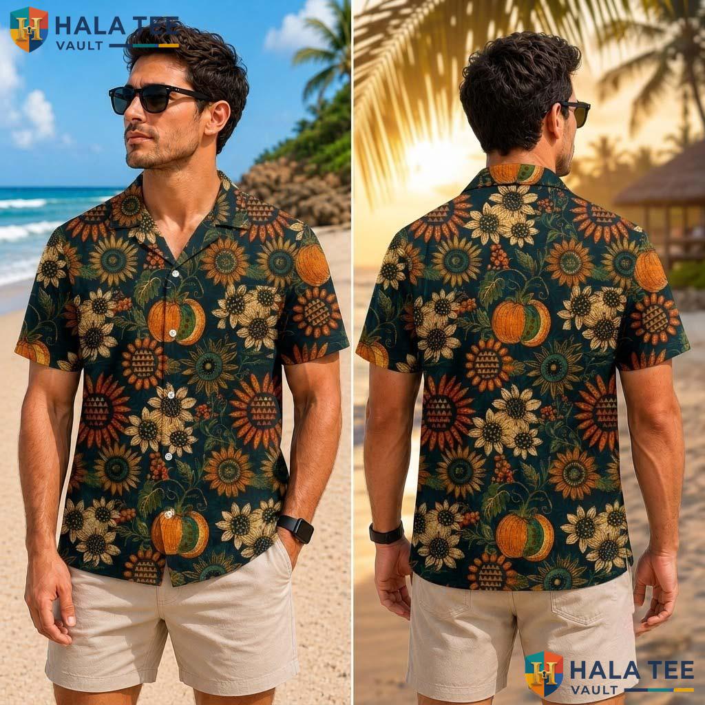 Fall Sunflower Turkey Thanksgiving Tropical Shirt Mens Button Up Top