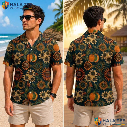 Fall Sunflower Turkey Thanksgiving Tropical Shirt Mens Button Up Top