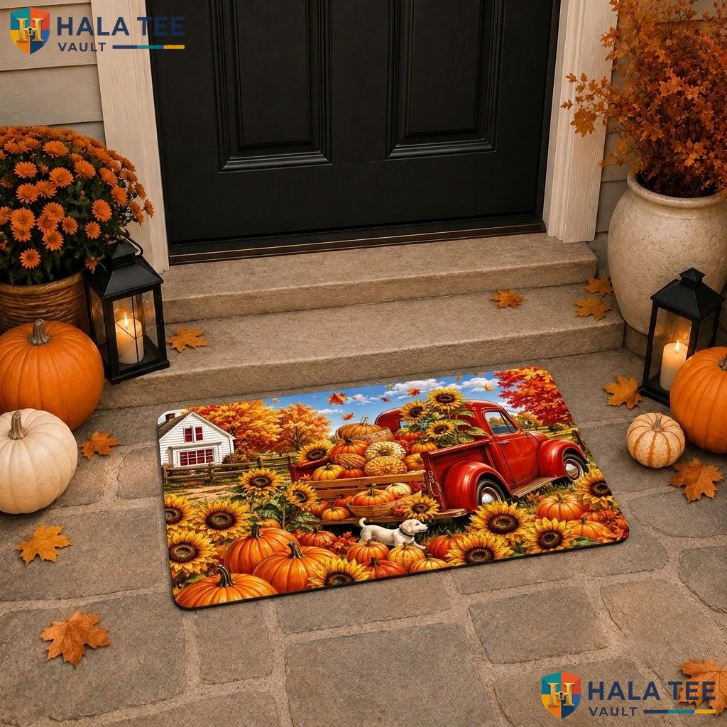 Fall Truck Halloween Doormat Trick Or Treat Front Porch Entryway Floor Rug