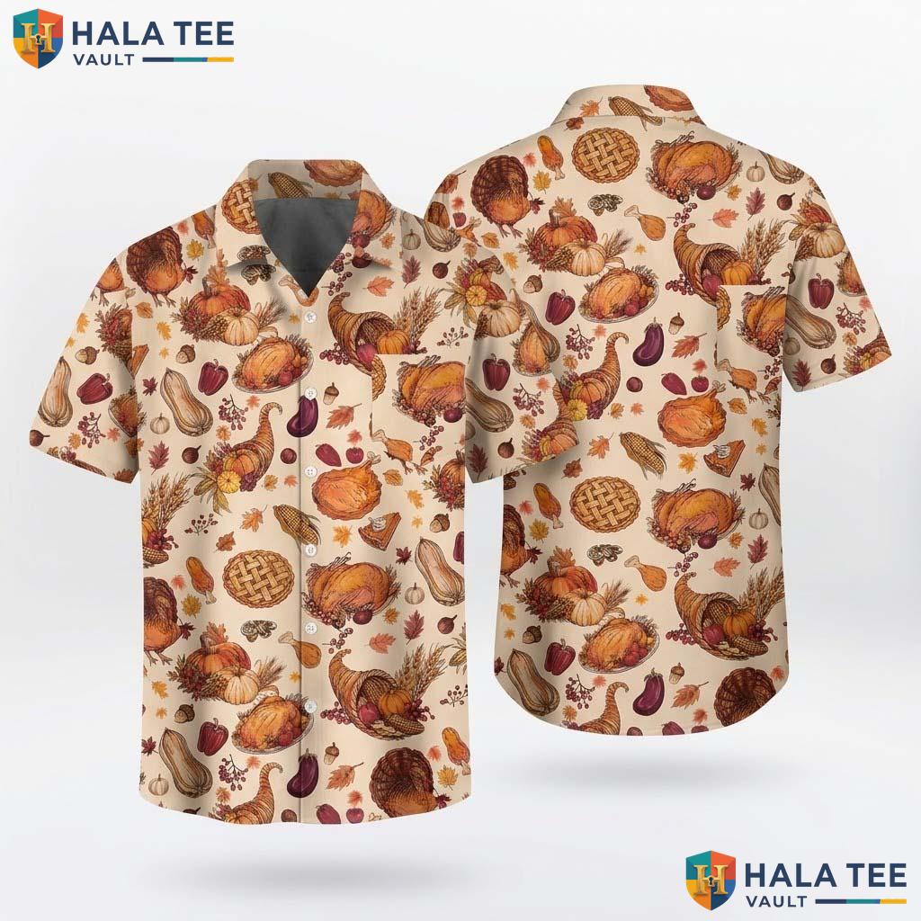 Fall Turkey Print Thanksgiving Hawaiian Shirt Mens Button Up Beach Top