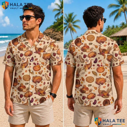 Fall Turkey Print Thanksgiving Tropical Shirt Mens Button Up Beach Top