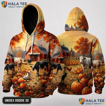 Farm Animals Barn Thanksgiving 3D Hoodie Vintage Cozy Rustic Pumpkins