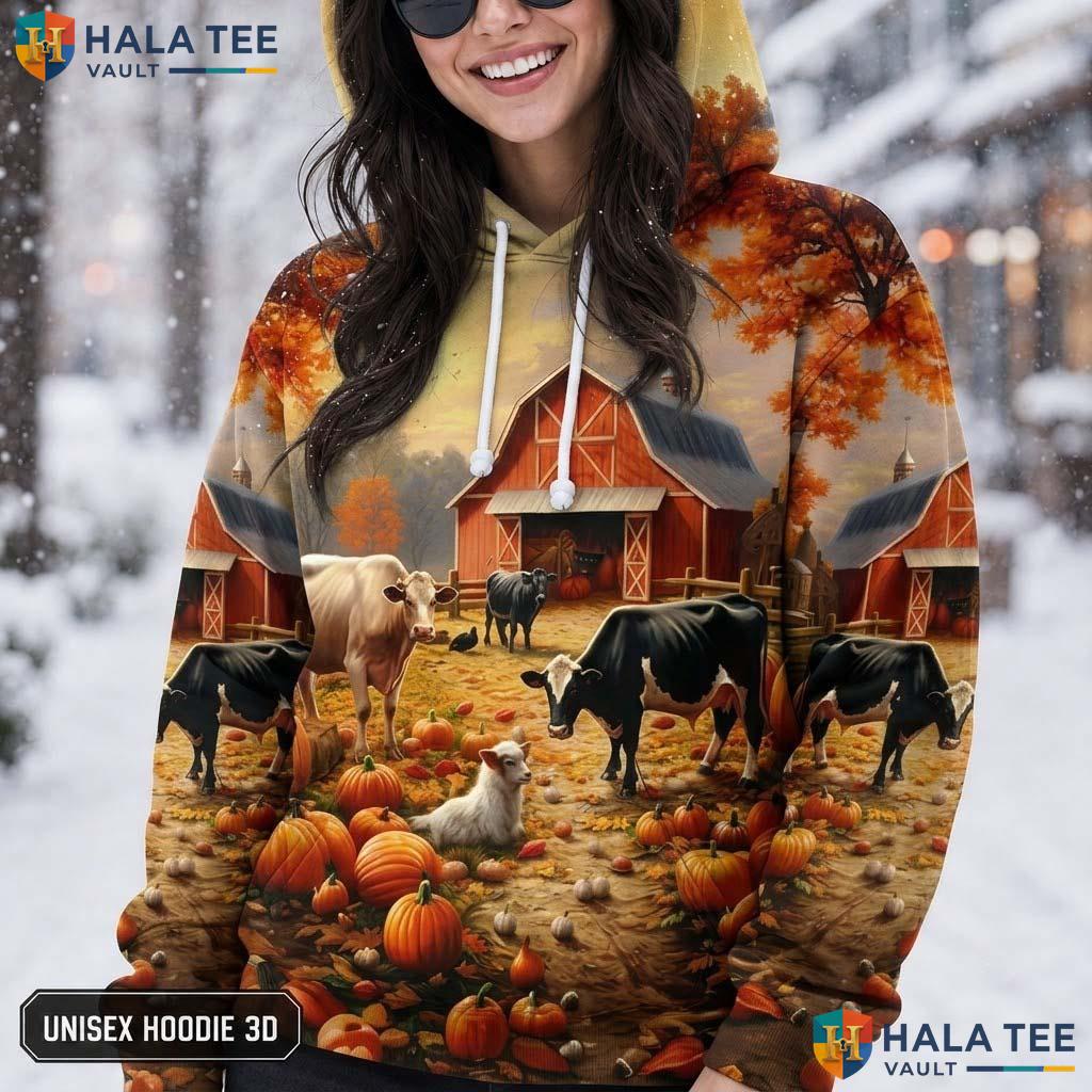 Farm Animals Barn Thanksgiving 3D Printed Hoodie Vintage Cozy Rustic Pumpkins