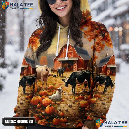 Farm Animals Barn Thanksgiving 3D Printed Hoodie Vintage Cozy Rustic Pumpkins