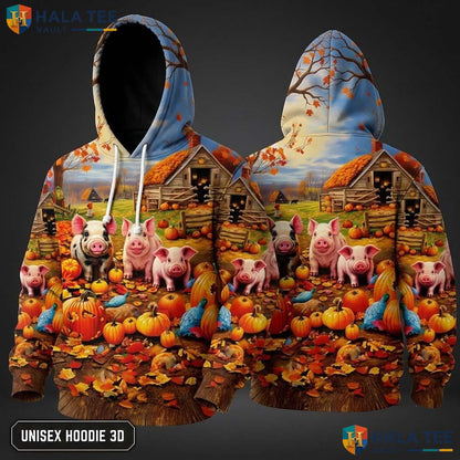 Farm Pig Pumpkins Thanksgiving 3D Hoodie Colorful Playful Autumn Top