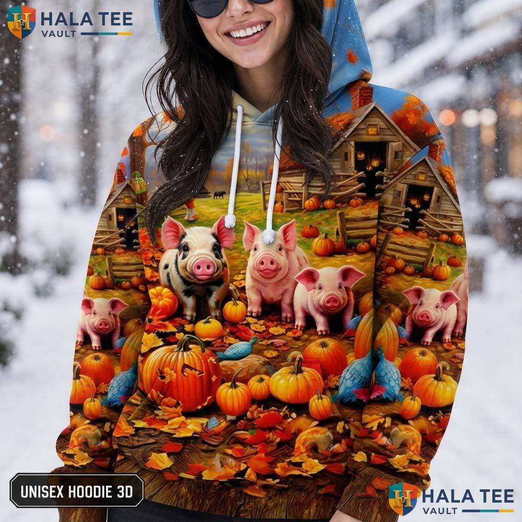 Farm Pig Pumpkins Thanksgiving 3D Printed Hoodie Colorful Playful Autumn Top