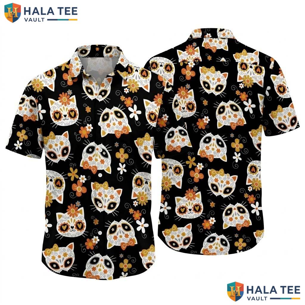 Feline Sugar Skull Halloween Hawaiian Shirt Day Of Dead Aloha Top