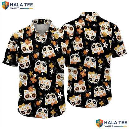 Feline Sugar Skull Halloween Hawaiian Shirt Day Of Dead Aloha Top
