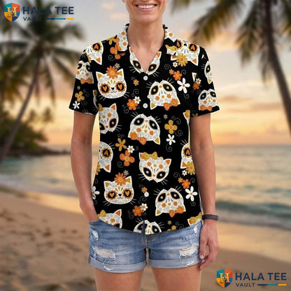 Feline Sugar Skull Halloween Hawaiian Shirt Day Of Dead Aloha Top Adult
