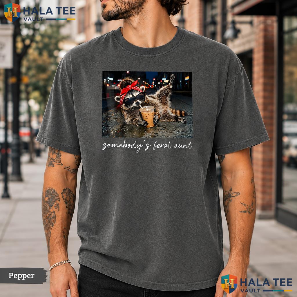 Feral Aunt Iced Coffee Comfort Colors T-Shirt Retro Raccoon Humor Apparel