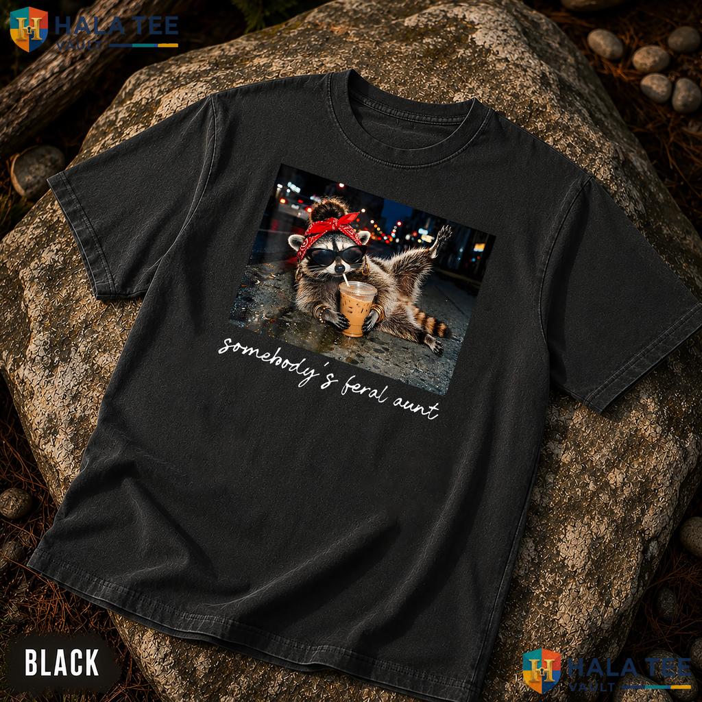 Feral Aunt Iced Coffee Garment-Dyed T-Shirt Retro Raccoon Humor Apparel