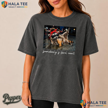Feral Aunt Iced Coffee Retro Style T-Shirt Retro Raccoon Humor Apparel