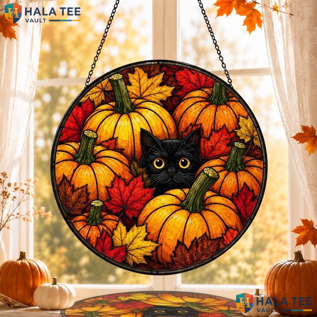 Festive Black Cat Halloween Stained Glass Suncatcher Autumn Pumpkin Decor Gift