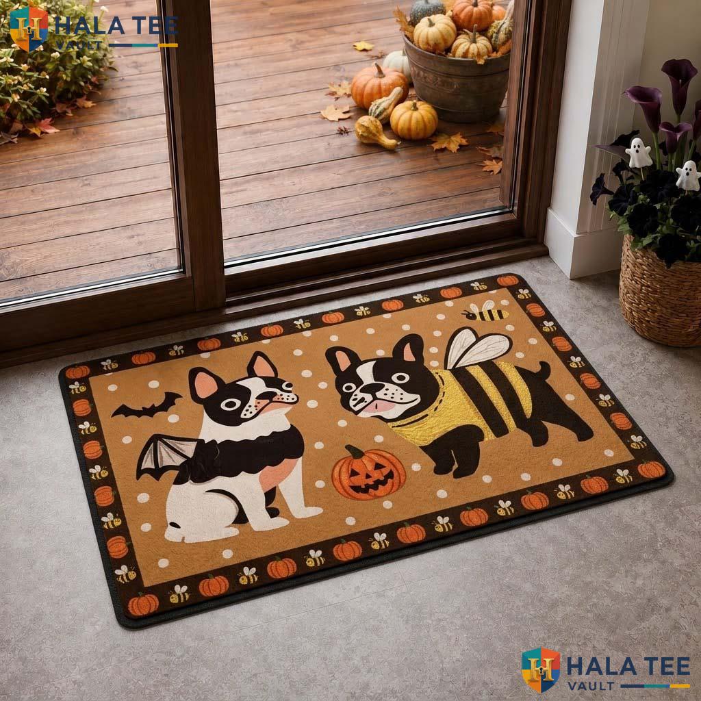Festive Bulldog Fall Doormat Cute Pumpkin Bat Welcome Entrance Rug Decor