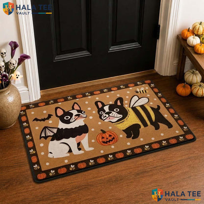 Festive Bulldog Fall Front door mat Cute Pumpkin Bat Welcome Entrance Rug Decor