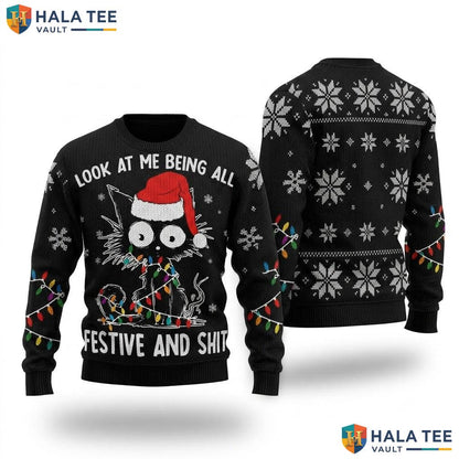 Festive Cat Meme Ugly Christmas Sweater Funny Mens Womens Holiday Top