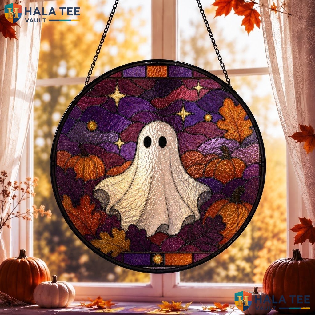 Festive Ghost Halloween Stained Glass Suncatcher Whimsical Pumpkin Leaf Window