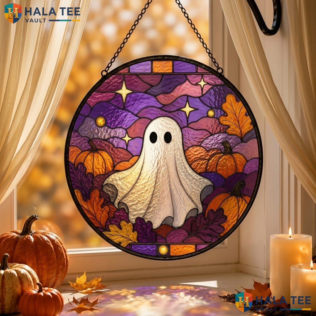 Festive Ghost Halloween Stained Glass Suncatcher Whimsical Pumpkin Leaf Window Adult